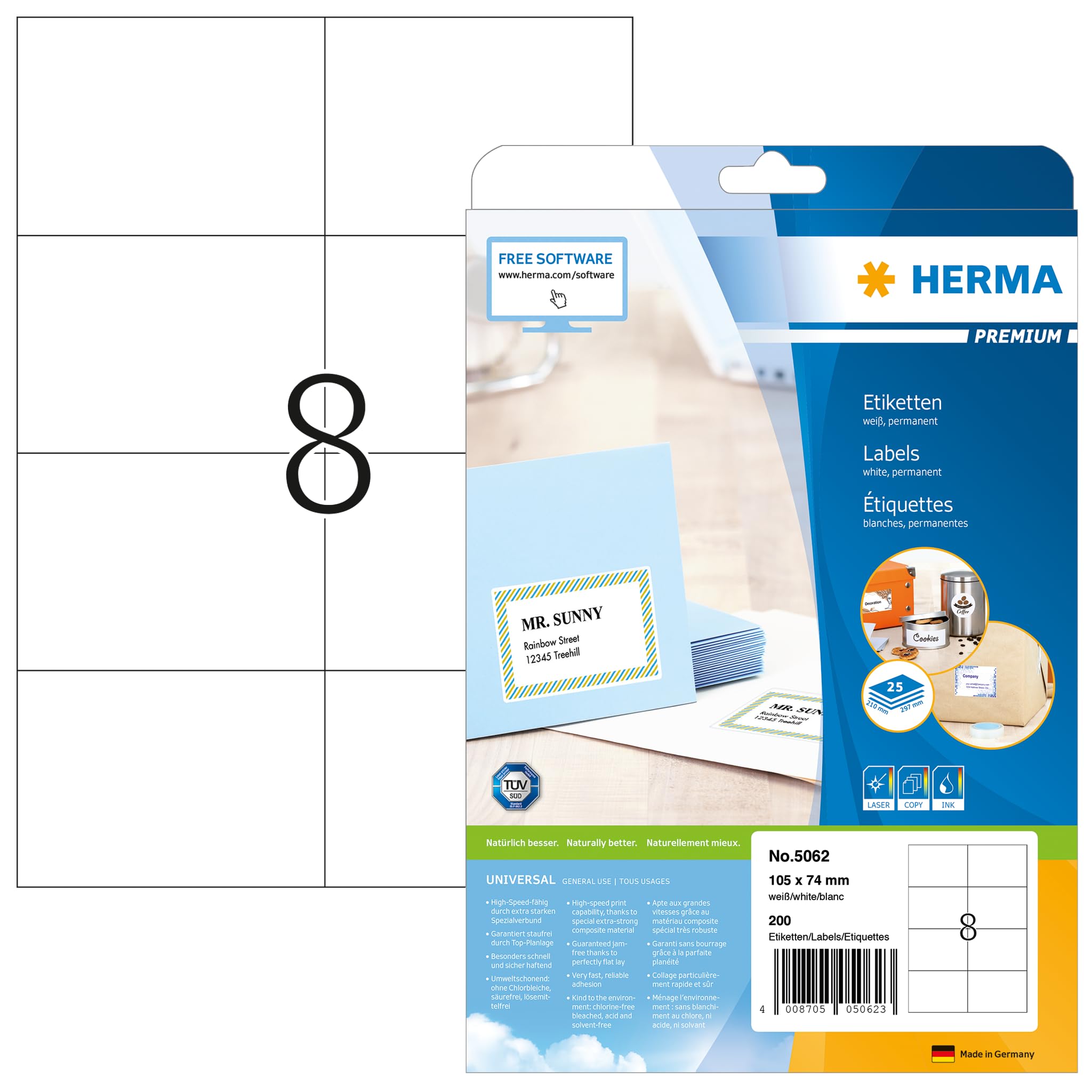 HERMA Self Adhesive Shipping Labels, 8 Labels per A4 Sheet, 25 Sheets, 105 x 74 mm, 200 Labels, Blank Parcel Labels Stickers, Sticky Labels for Laser & Inkjet Printer, White