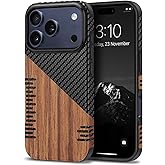 TENDLIN Compatible with iPhone 17 Pro Case Wood Grain with Carbon Fiber Texture Design Leather Hybrid Slim Case (Twill)