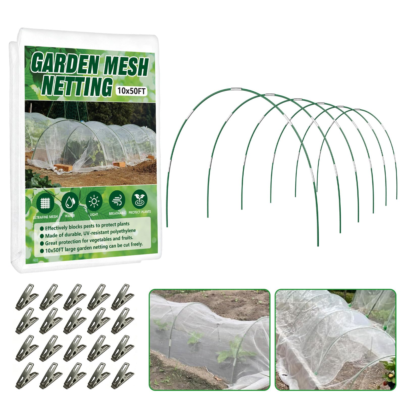 garden netting kit for raised beds, 10x50ft ultra fine mesh netting ?6 sets fiberglass garden hoops,