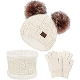 Senker Fashion Kids Winter Beanie Hat Scarf Gloves Set for Girls Boys Knit Warm Pompom Toddler Hats Mittens Neck Warmer