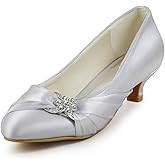 ELEGANTPARK Closed Toe Shoes for Women Low Heel Comfortable Wedding Shoes for Bride Satin Rhinestones Bridal Evening Prom Dress Pumps