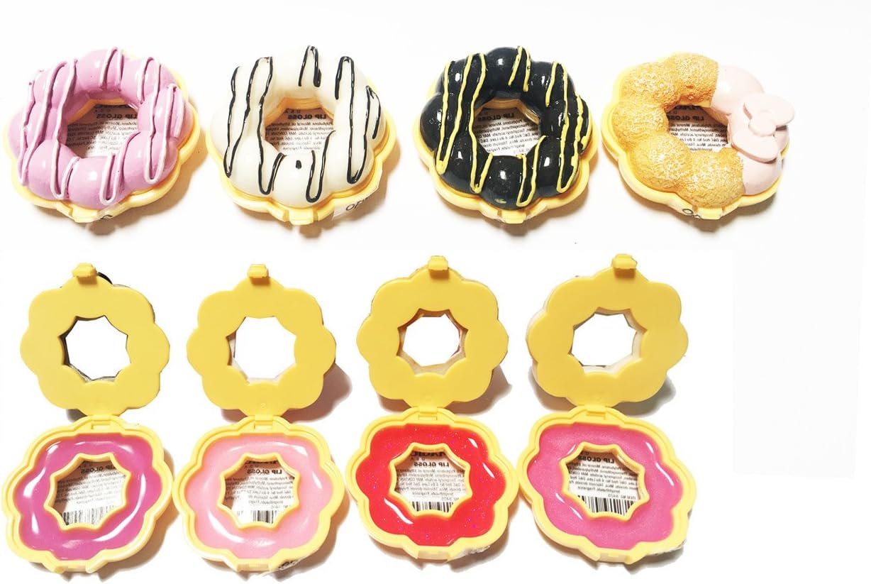 Toycamp Lip Gloss Donut Shape Lot of 4 Frosted Donut Lip glosses Assorted Designs in Colorful Box, Girls Birthday Party Favor, Goody Bag Filler, Prize, Giveaway, Easy to Use