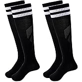 Pistha 2 Pairs Kids Soccer Socks Youth Striped Knee High Football Baseball Socks for Boys Girls 6-15 Years