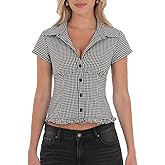 Women Y2k Striped/Plaid Button Down Shirt Collar Neck Slim Fit Top Short Sleeve Ruffle Trim Cinched Waist Blouse