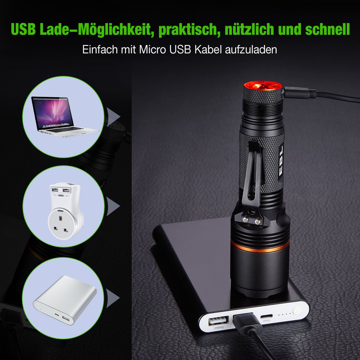 EBL Superhell CREE LED Taschenlampe 6 Modi Erstellbar USB Ladebar Wasserdicht Taschenlampe für Indoor Outdoor inkl. 2 Stück 3000mAh Wiederaufladbar Li-ionen Akku 18650