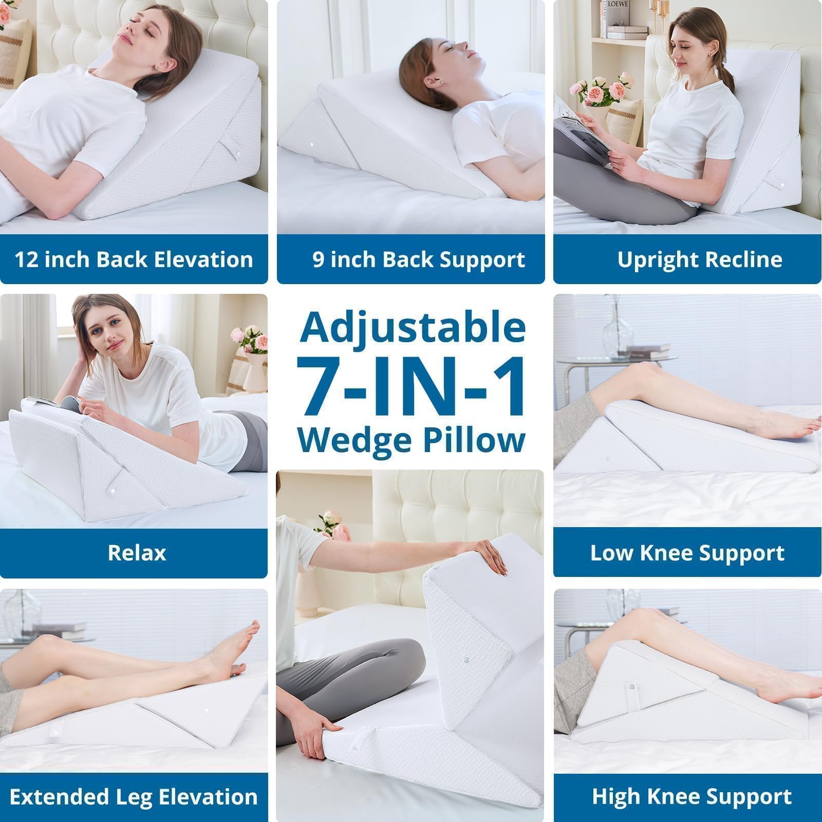 Sasttie Wedge Pillow Headboard, Adjustable Bed Wedge Pillow for After Surgery, Sleeping, Acid Reflux, Neck Pain, Back Pain, and Surgery Recovery, White