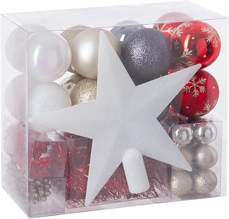 Lot Déco Noël Kit 44 Pièces Pour Décoration Sapin Guirlandes Boules Et Cimier Thème Couleur Blanc Rouge Or Et Gris