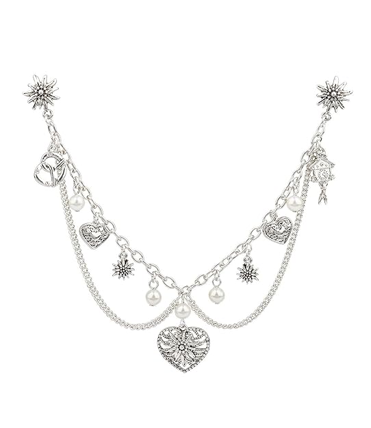 SIX 'Oktoberfest Schmuck Kette, Charivari, Trachtenschmuck aus Einer silbernen Kette mit Anhängern wie Perlen, Herz und Breze