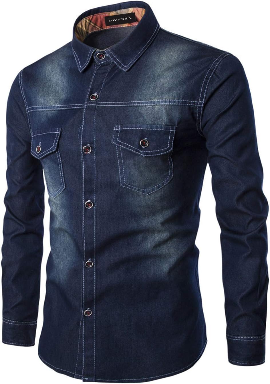 Sawadikaa Men's Casual Vintage Denim Work Shirt Button Down Long Sleeve Stretchy Shirts