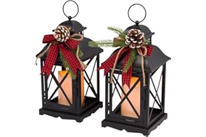 Orchid & Ivy Set of 2 11-Inch Rustic Black Metal Lighted Holiday Lanterns with LED Candle, Timer, Greenery & Buffalo Plaid Ribbon – Hanging or Tabletop Christmas Decoration – Winter Home Decor