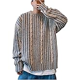 BEAUDRM Men's Cable Knit Sweater Crewneck Long Sleeve Pullover Sweater Streetwear