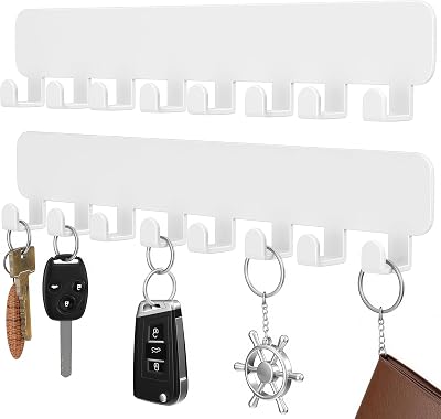 pickpiff White Key Holder with 8 Hooks Wall Adhesive No Drill 2 Pack
