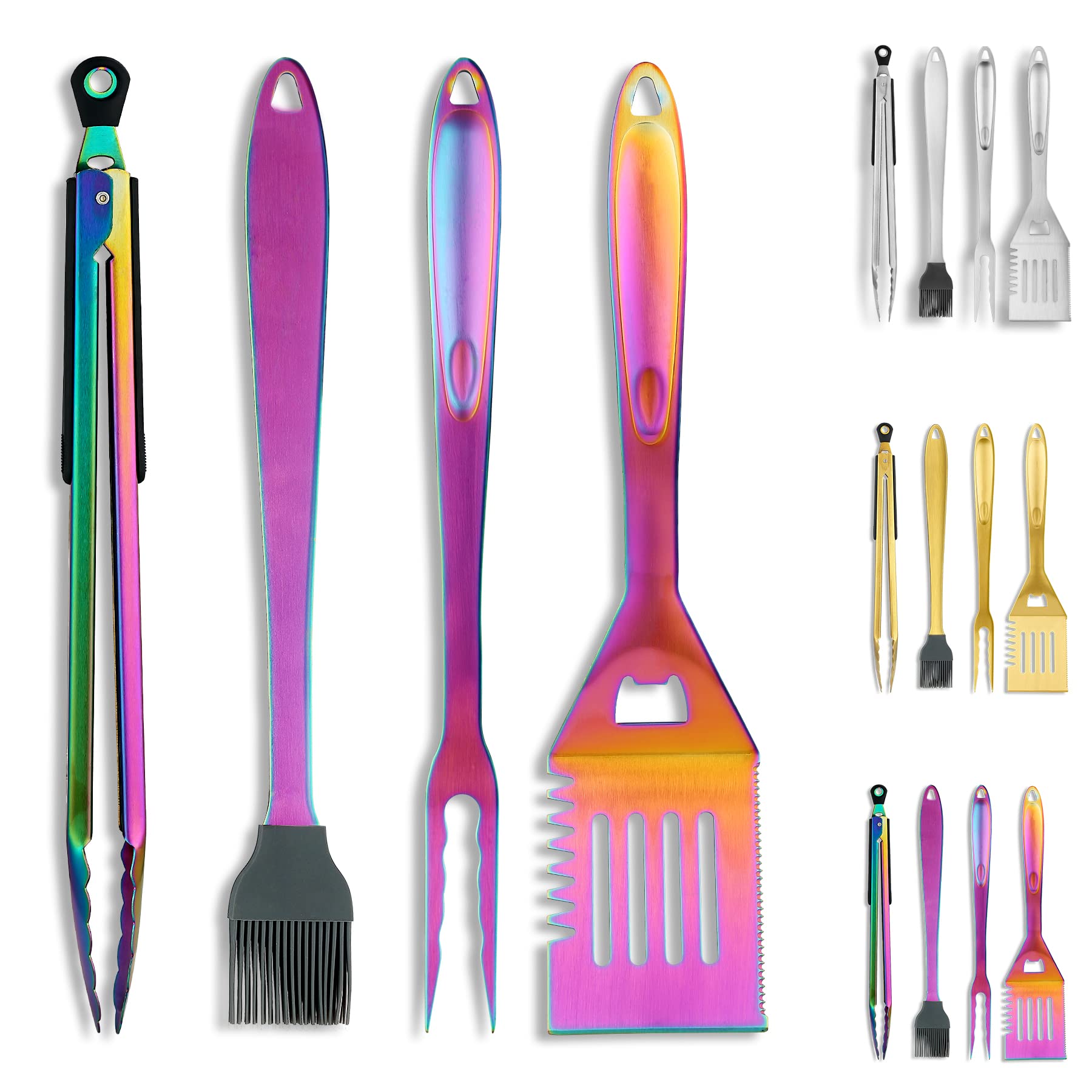 Kyraton Rainbow Grill Accessories Kit 4 Piece, Griddle Accessories Set, Titanium Colorful Plating Stainless Steel Handle - Heat Resistant and No Melt, Great for Outdoor BBQ, Teppanyaki, Camping