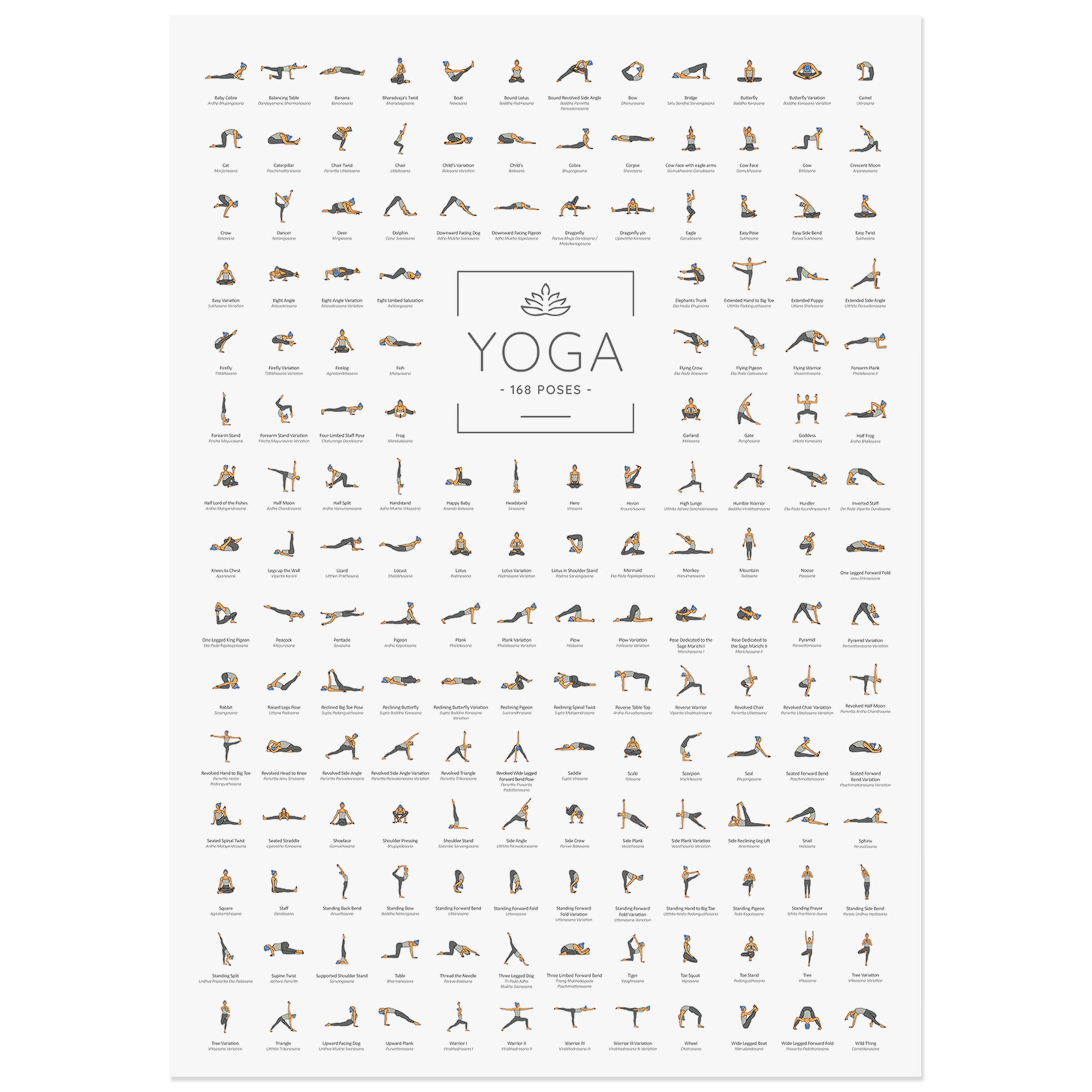 JUNOMI® Yoga Poster DIN A2 with 168 Poses and Asanas, Perfect for Studios and Home Exercises, Ideal Yoga Gift, Suitable for Beginners and Professionals | Frameless