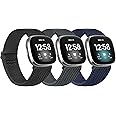 Huamanlou 3 Pack Elastic Nylon Watch Bands Compatible with Fitbit Versa 4/Versa 3/Sense 2/Sense, Soft Adjustable Breathable Fabric Stretchy Replacement Wristbands for Women and Men