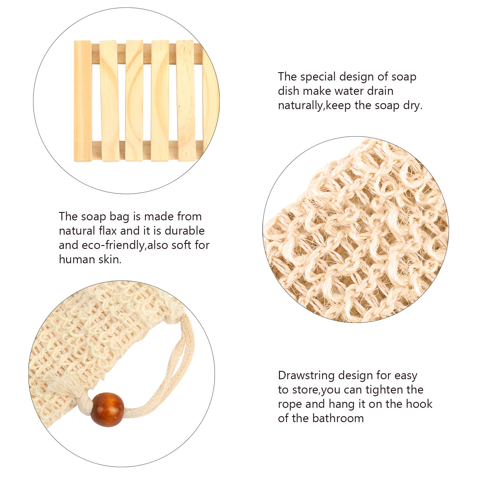 TAZEMAT 2pcs Wooden Soap Dish and 2pcs Natural Soap Bags with Drawstring Flax Linen Sisal Soap Pouch Bamboo Soap Holder Box Container Saver Tray Plate for Bathroom Kitchen Shower