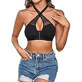 MakeMeChic Women's Halter Bra Front Closure Bralette Mesh Wireless Underwear