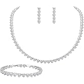 EleQueen Bridal Cubic Zirconia Love Heart Jewelry Set for Women, Wedding Tennis Bracelet Dangle Earrings Necklace for Bride Bridesmaid Clear Silver-Tone