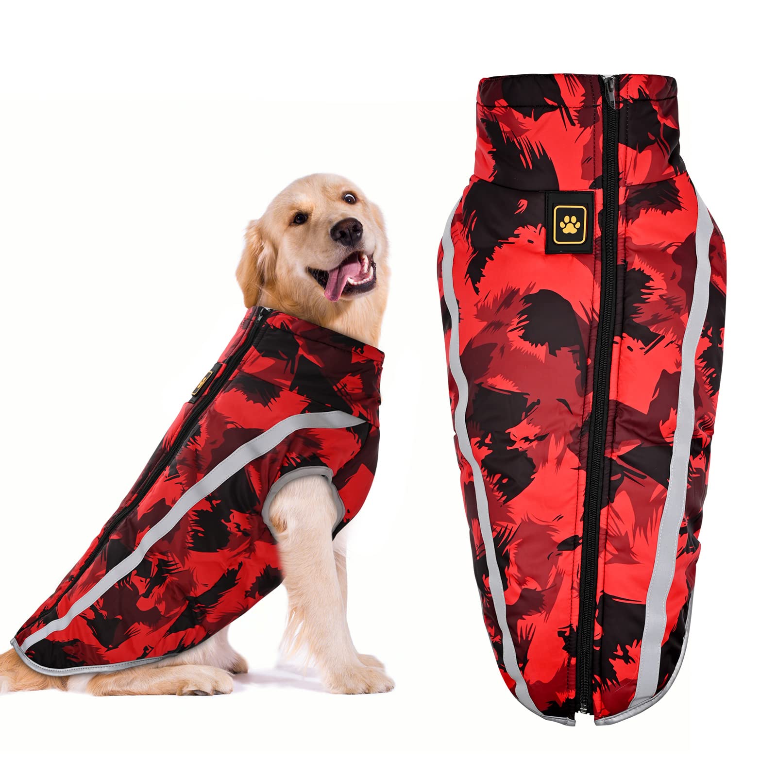 YUDISEN Dog Winter Coat Waterproof Vest, Warm Dog Jacket with Windproof Turtleneck, Outdoor Sport Dog Clothes with Reflective Strips (Red, 3XL)