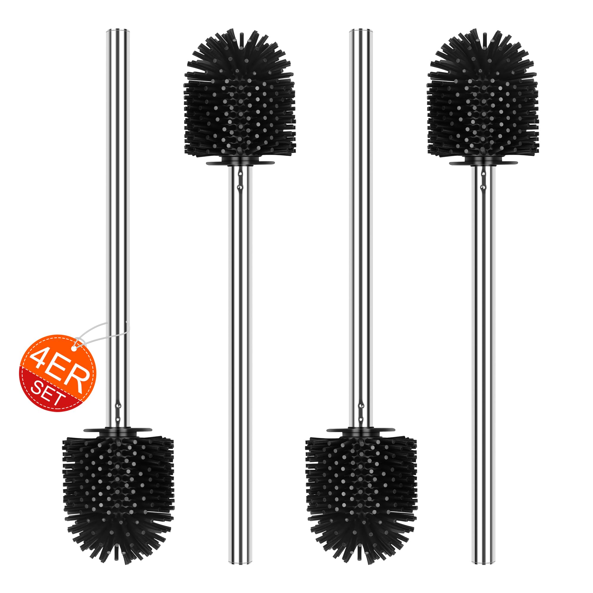 EINESIN 4PCS Silicone Toilet Brush, Toilet Brushes Replacement, Stainless Steel Handle Toilet Brushes for Bathroom, Toilet Cleaning Brush,7 cm Diameter, Black