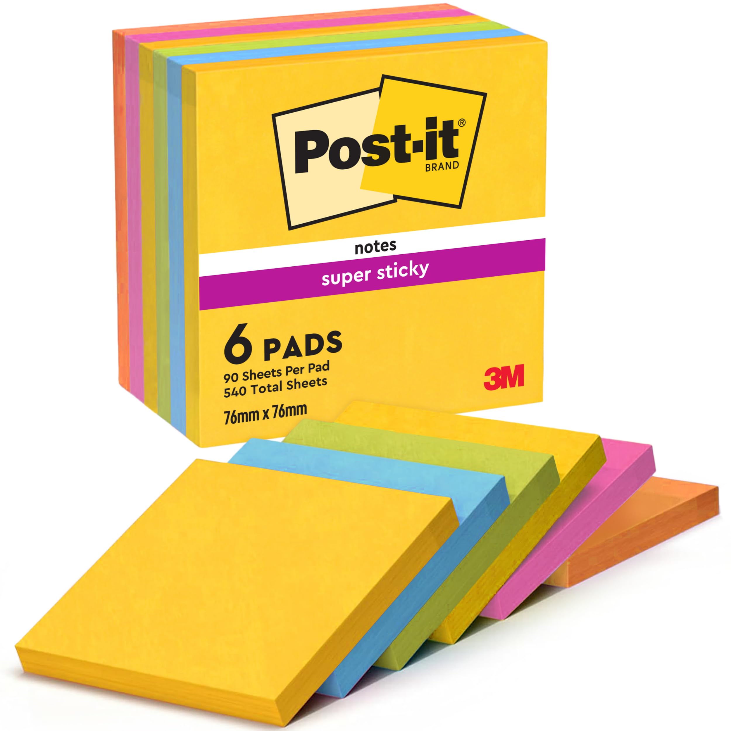 Post-it Super Sticky Notes, Stick Longer Without Falling, 76 mm x 76 mm, 6 Pads, 540 Sheets, Yellow, Blue, Green, Pink, Orange Colors - Self-Sticking Notes for Walls, Monitors and Fridge