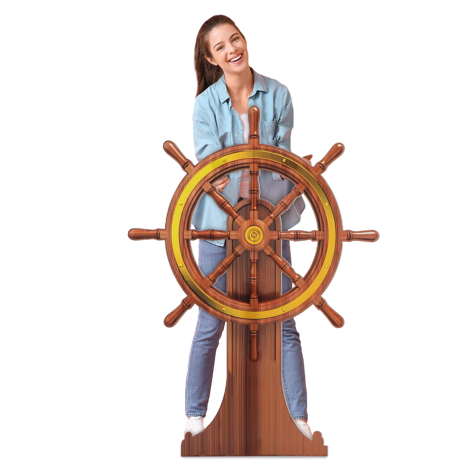 Photo 1 of DoubleFill 4 Feet Pirate Nautical Party Decorations Halloween Ship Wheel Cardboard Cutout Stand up Large Captain Wheel Photo Props Back Drops for Halloween Pirate Nautical Party Outdoor Home Decor