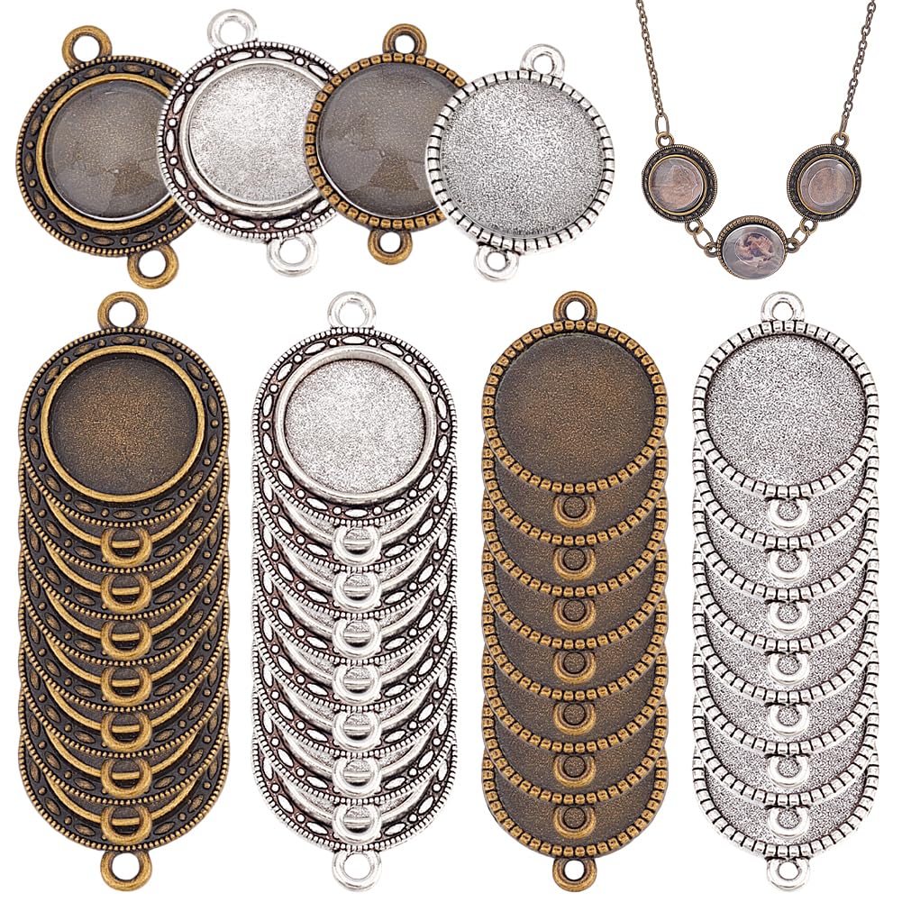 PH PandaHall 32 Sets 4 Styles Tibetan Style Alloy Bezel Pendant Blanks Pendant Trays with 14 16mm Clear Glass Cabochons Dome Tiles Double Holes Blanks for Earring Bracelet Jewelry Making