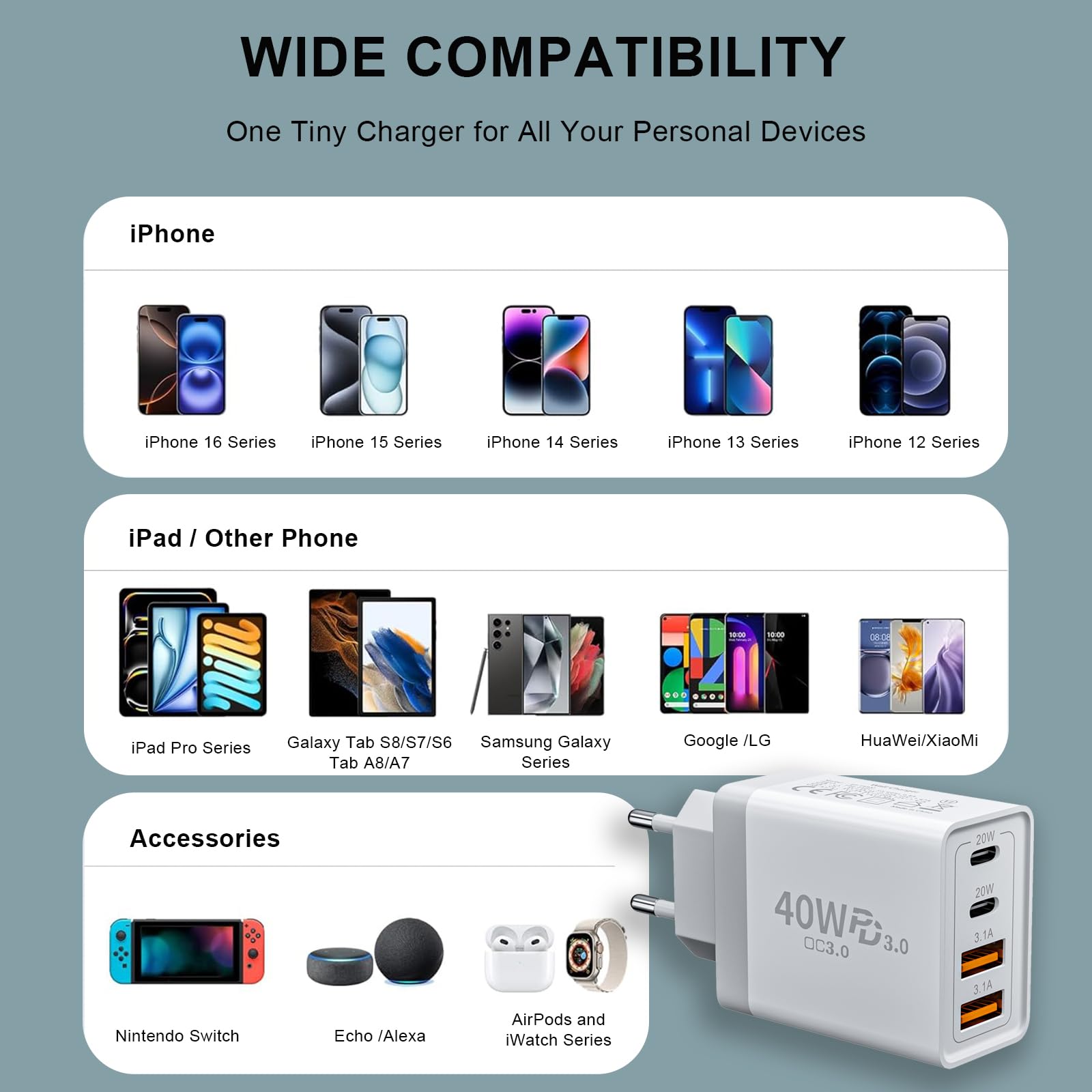 USB C Ladegerät, 40W 4-Ports Mehrfach Ladegerät mit USB-C und USB A, Schnellladegerät PD3.0 Power Adapter USB Netzteil Stecker für iPhone 17/16/15/14/13/12/11/Pro Max/XS/XR, iPad Samsung Galaxy S25 7
