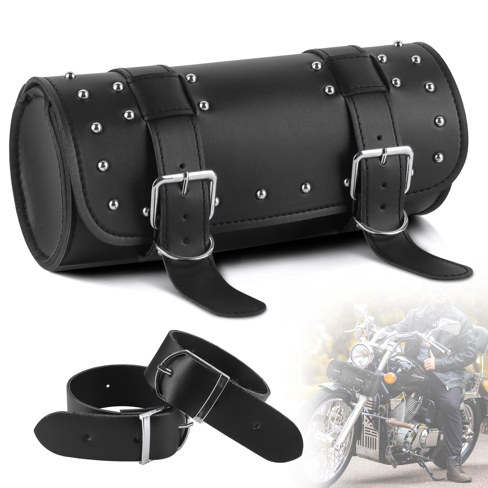 IWILCS Universal Motorcycle Saddle Bag, Motorcycle PU Leather Tool Bag, Round Barrel Shape Waterproof Bags, Roll Bag for Motorcycle Scooter Front or Side, Motorcycle Storage Tool Pouch, Black