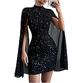 SOLY HUX Women's Sparkly Glitter Bodycon Mini Dress Sequin Long Bell Sleeve Mock Neck Prom Cocktail Party Dresses
