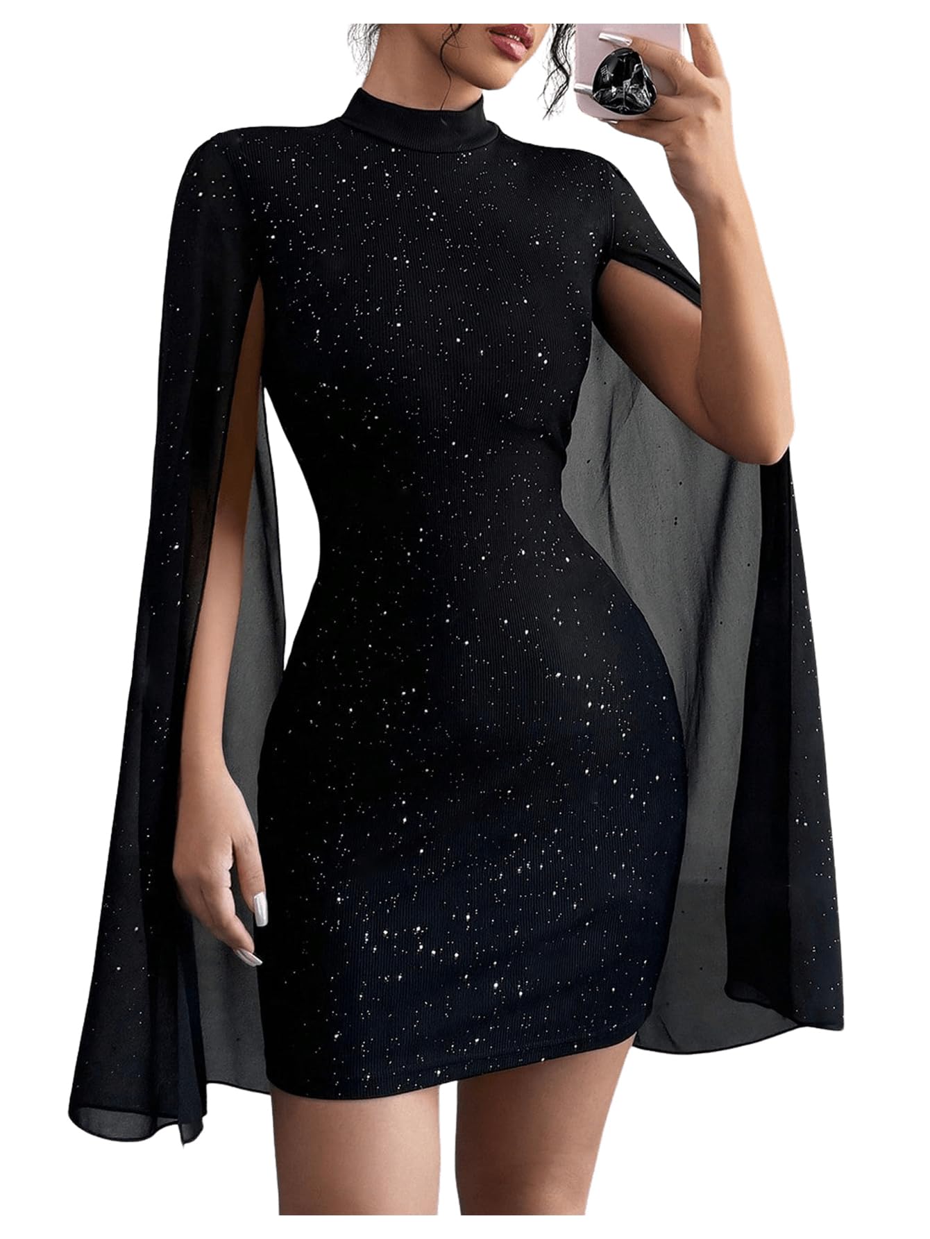 Photo 1 of SOLY HUX Women's Sparkly Glitter Bodycon Mini Dress Sequin Long Bell Sleeve Mock Neck Prom Cocktail Party Dresses Pure Black Large