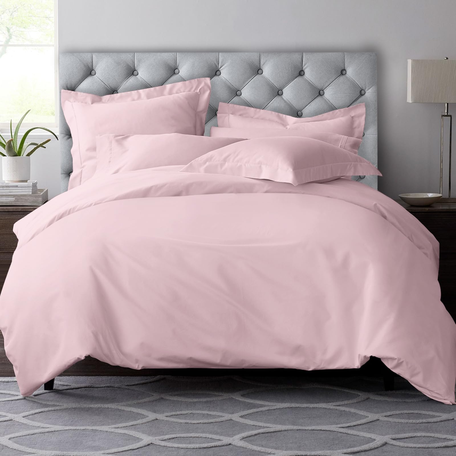 Pizuna Pure Combed Cotton Super King Duvet Cover Set Light Pink, 600 Thread Count 100% Long Staple Cotton Superking Duvet Cover 260x220cm, Sateen Quilt Cover with Button Closure (Bedding Duvet Sets)