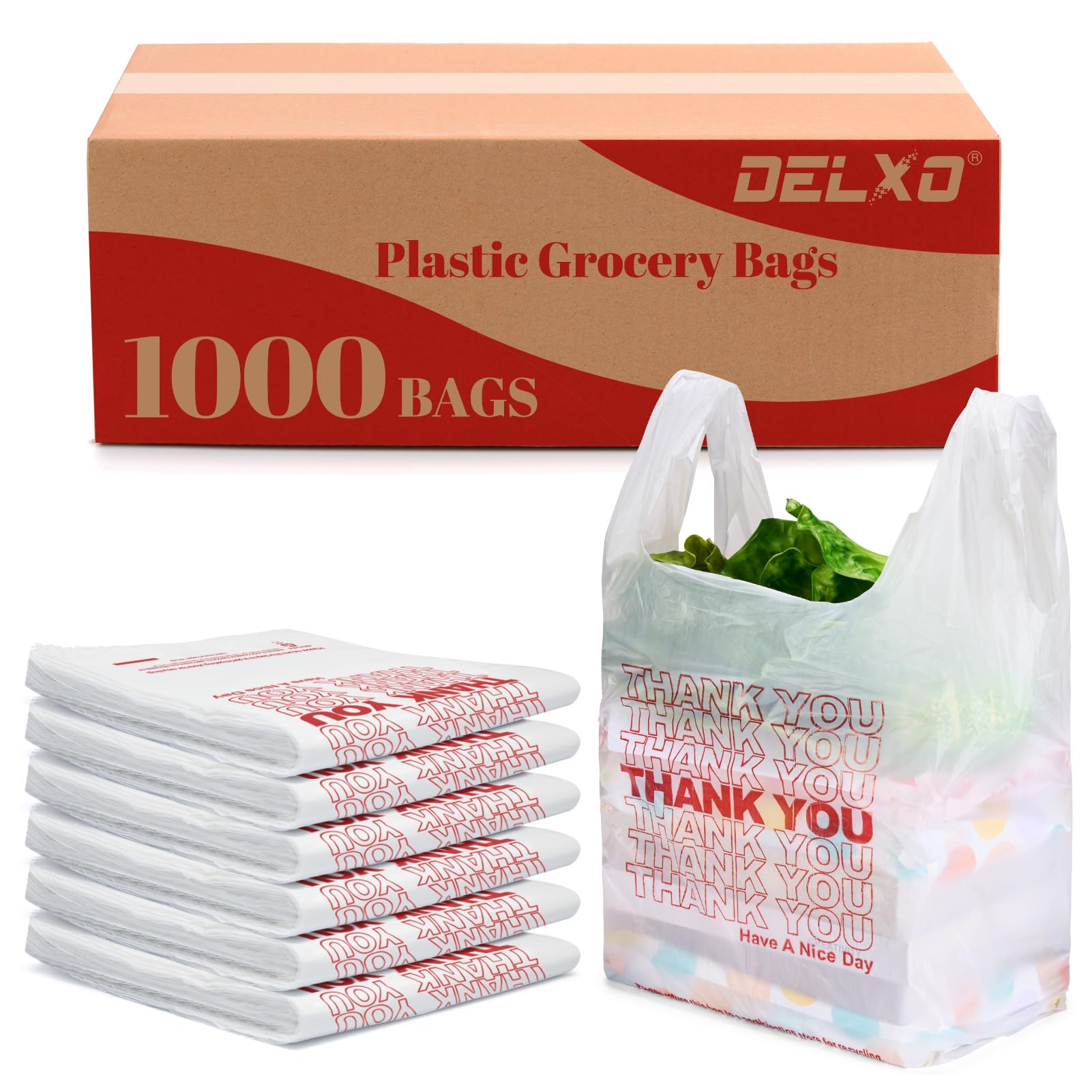 Photo 1 of Delxo Grocery Bags Thank You Plastic T-Shirt Bag (1000 Count), White Supermarket Shopping Bags with Handles for Restaurant, Retail, To Go, Takeout, Convenience Stores 11.5 x 6.5 x 21 In