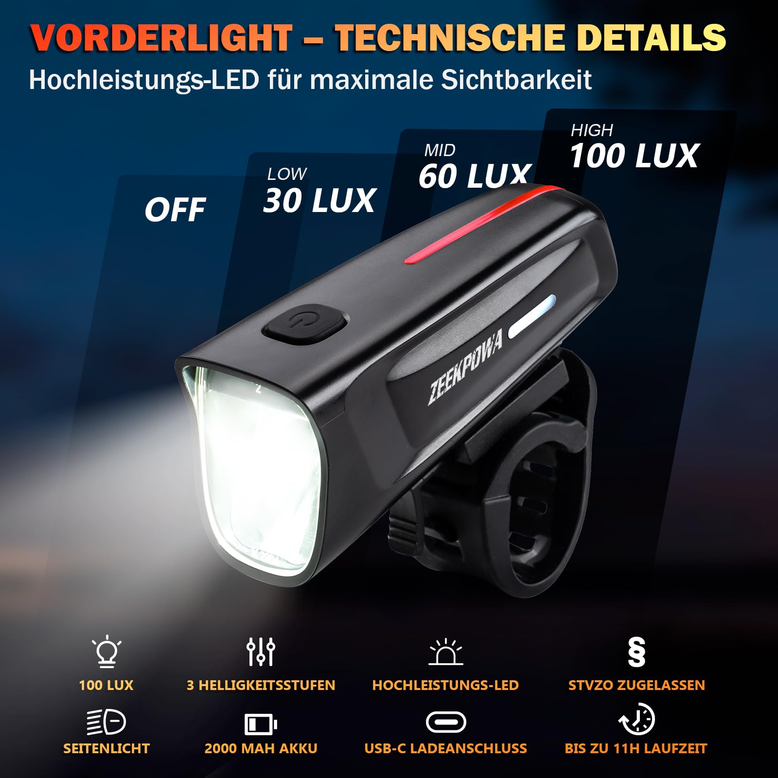 Fahrradlicht Set 100 Lux StVZO, USB-C Akku Vorderlicht + Rücklicht mit Bremslichtfunktion, wasserdicht IPX5 für Pendler & Nachtfahrten 2