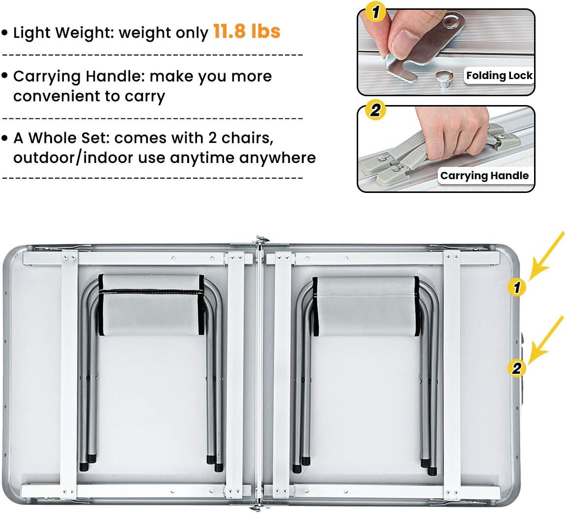 TOOCA Folding Table 4ft Aluminum Folding Camping Table Portable Picnic Table with 2 Chairs, Heights Adjustable Legs Collapsible Table for Indoor Outdoor, Picnic, Camping, Party and BBQ : Garden & Outdoor