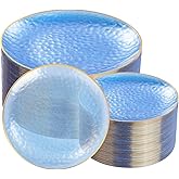 Rubtlamp 100Pcs Blue Gold Plastic Plates, Blue Disposable Plates With Gold Rim, Hammered Plastic Plates Include 50 Dessert Platos, 50 Dinner Platos for Party