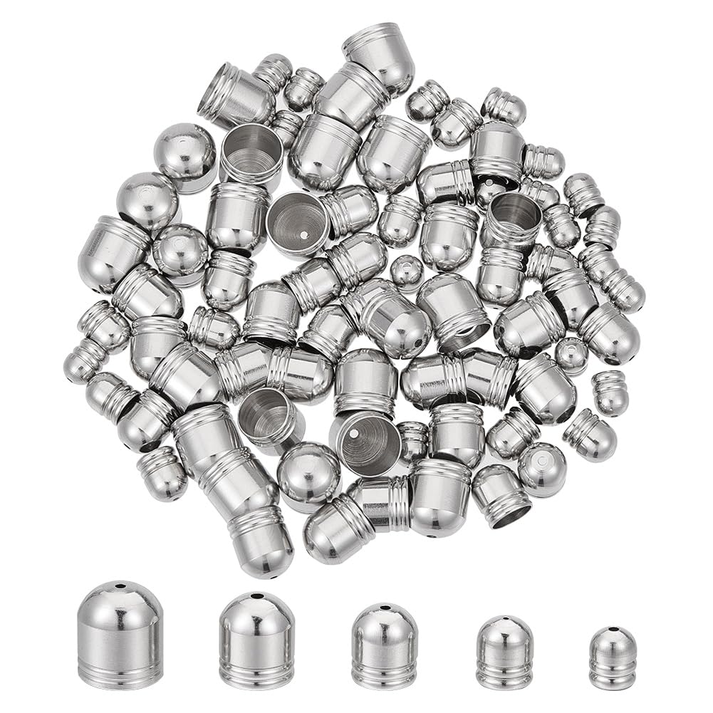UNICRAFTALE About 5 Sizes Stainless Steel Cord Ends 100pcs Leather Cord End Caps Cord 4/5/6/7/8mm Inner Diameter End Caps Terminators Cord Finding for Jewelry Making Kit, Stainless Steel Color