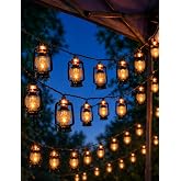 YIHKQDL 12FT Kerosene Lantern String Lights, 20 LED Warm White, Black Wire | Plug-In, IP44 Water-Resistant, End-to-End Connectable Camping String Lights For RV Awning, Patio, Porch, Gazebo And Garden