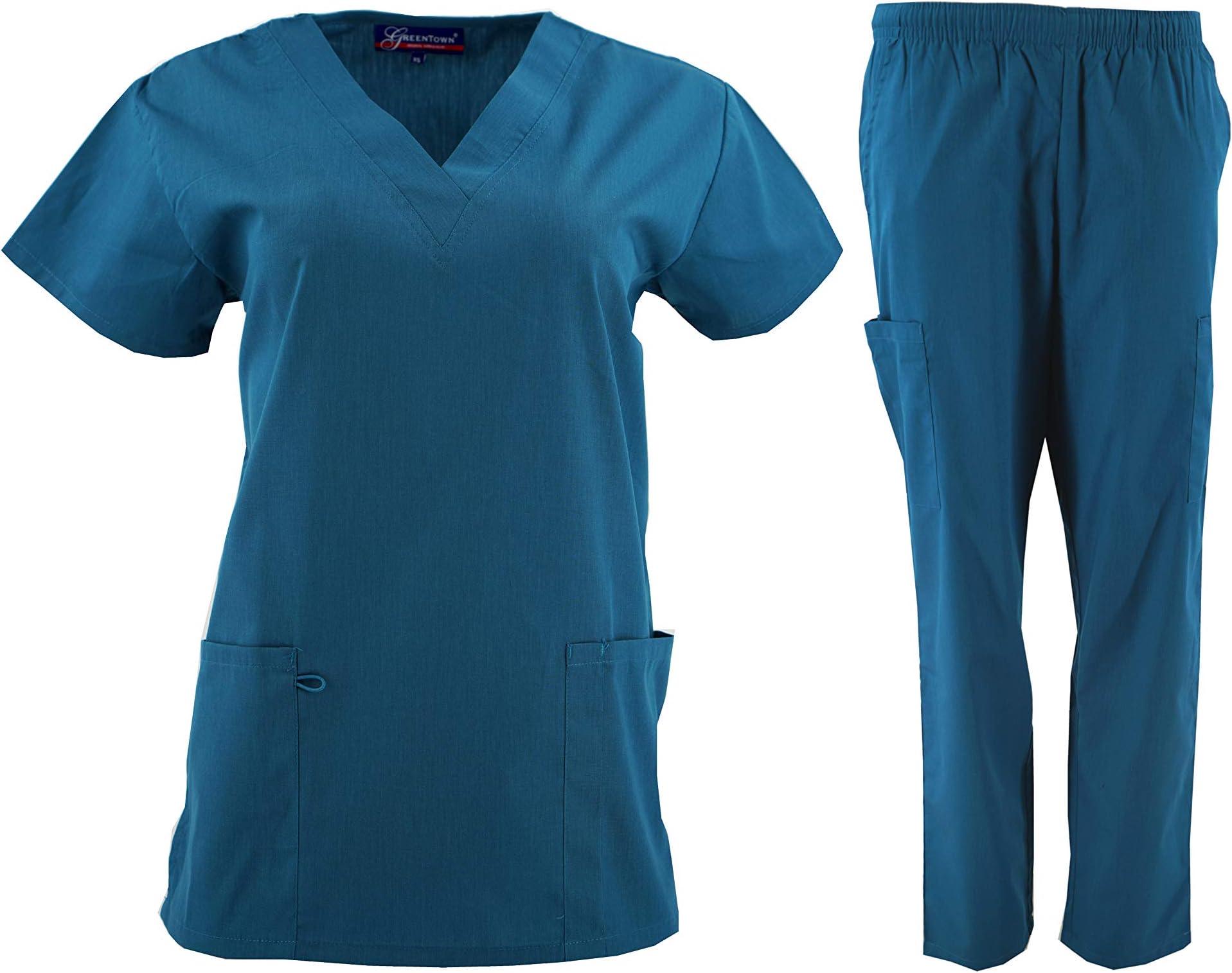 Womens V-Neck Solid Scrub Set Top and Pant 2 Piece Sets Sizes XS-2XL (L, Carribean Blue)