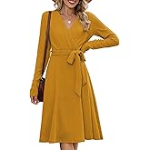 ZAFUL Women's 2025 Casual V Neck Long Sleeve Sweater Dress Wrap Ribbed Knit Pleated Midi Dresses with Belt
