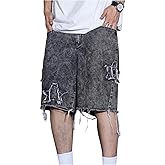 BEAUDRM Men's Star Distressed Denim Shorts Straight Leg Streetwear Loose Jean Shorts