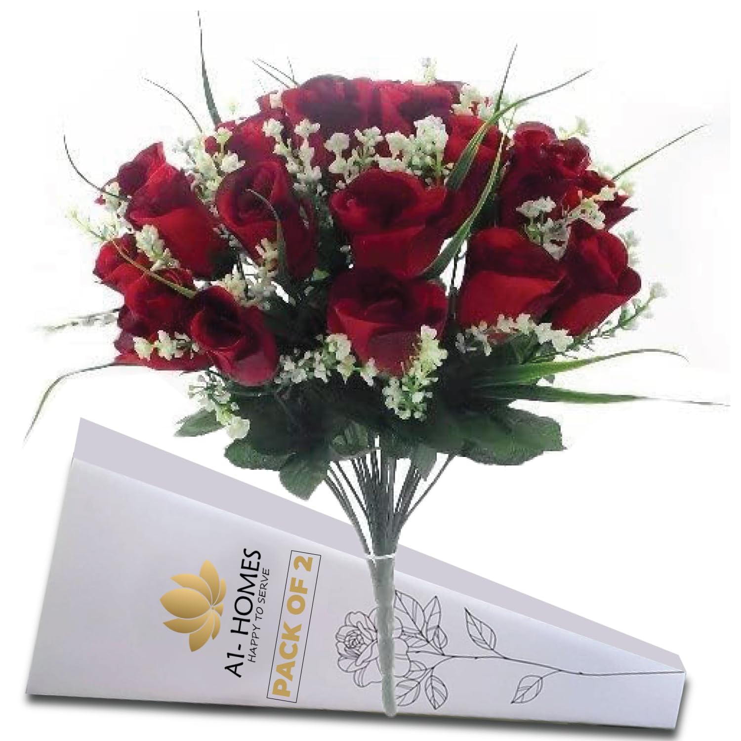 Artificial Roses, 42cm Fake Flowers for Decoration, Grass Bush with Gyp & Foliage 24 Red Roses Heads, Red Artificial Flowers for Outdoor & Indoor Events Wedding Party Home Decoration (2 Bunches)