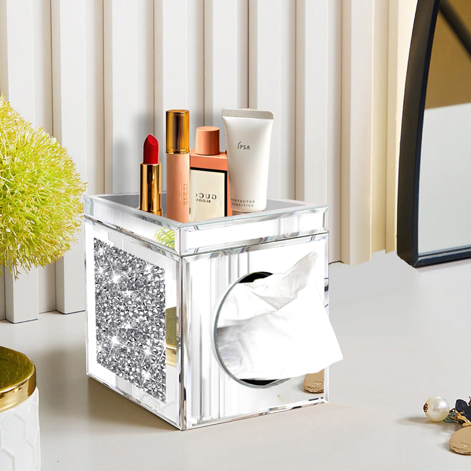 Photo 1 of Wocred Square Tissue Box Cover Upgrades with Storage Tray,Crystal Crushed Diamond Tissue Box, Luxury Tissue Holders for Either Tissues in a Bathroom or Napkins on a Table.(6.5”x5.5”x5.5”)