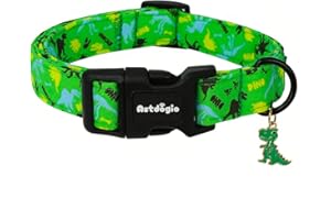Astdogio Medium Dog Collars for Male Dogs, Boy Dog Collars with Dinosaur Pattern，Adjustable Cotton Green Collar for Puppy Dog，Ideal, Daily Photos & Pet Fashion Accessory