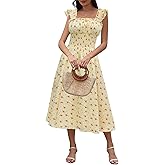 ZTMZA Women's 2026 Summer Flowy Maxi Dresses Casual Ruffle Sleeve Square Neck Smocked Waist Beach Vacation A Line Long Dress