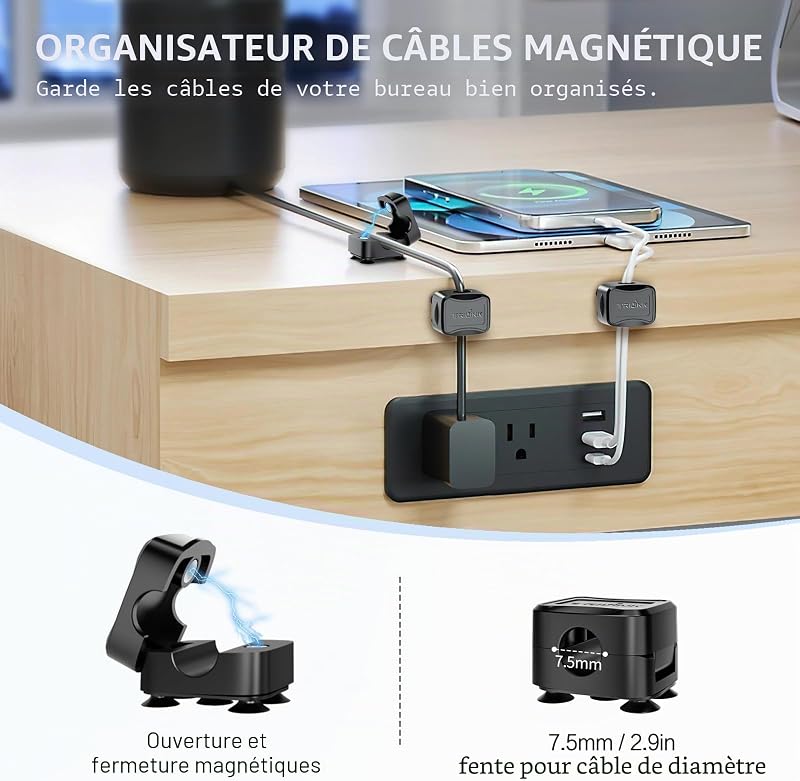 6 Pcs clips câble magnétiques avec 6 ventouses en silicone pour cable management | Support et organisateur de câbles, accroche câble adhésif pour la maison, le bureau, la voiture, et la table de nuit
