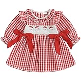 SYHVGI Toddler Baby Girl Christmas Dress Long Sleeve Doll Collar Red Plaid Santa Claus Embroidery Fall A Line Dress