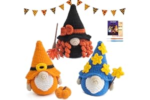 POP COCHE Halloween Crochet Kit for Beginners, Crochet Starter Kits, DIY Amigurumi Craft Knitting Crochet Animal Kit with Step-by-Step Video Tutorials, 3 Halloween Gnomes (40%+ Yarn)