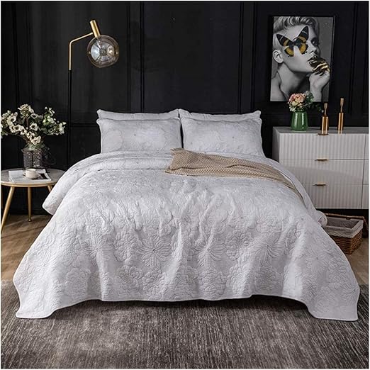 DZHTSWD Quilted Bedspread White 3 Piece Cotton Embroidered Floral