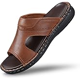 FIEEIF Men's Leather Slides Open Toe Outdoor Slippers Comfort Arch Support Retro Casual Flip Flops Summer Fisherman Slip On Sandals for Men
